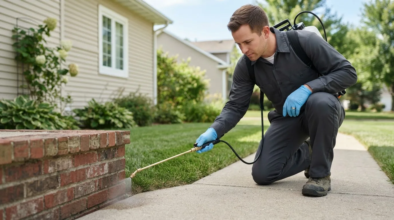 Pest control technician treating a home near Audubon, MN