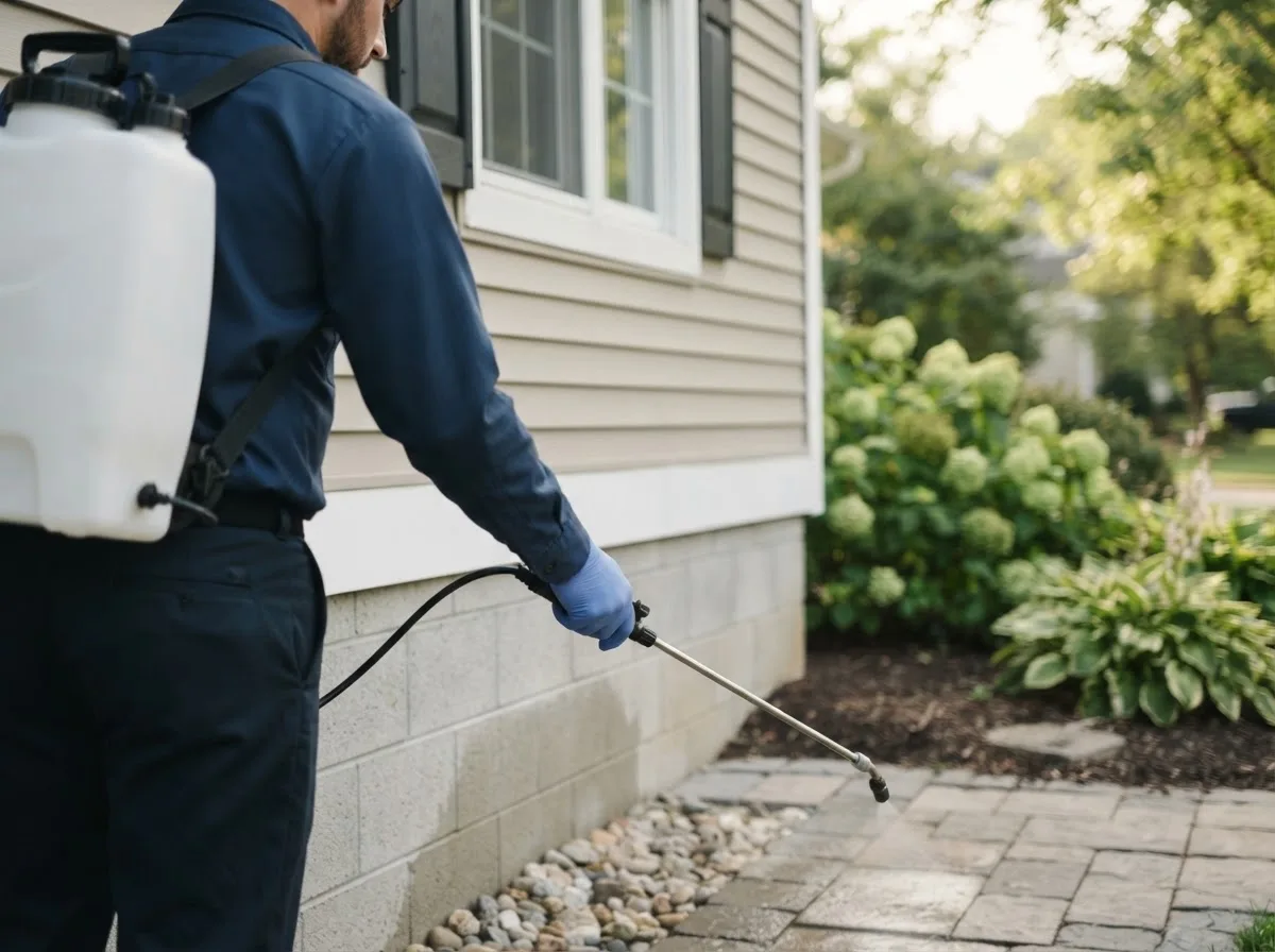 Pest control technician inspecting a home in Audubon, MN